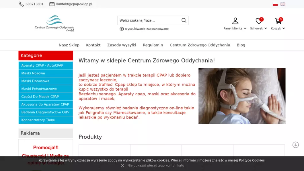 Zrzut ekranu strony Sklep z przyrządami do CPAP - Centrum Zdrowego Oddychania