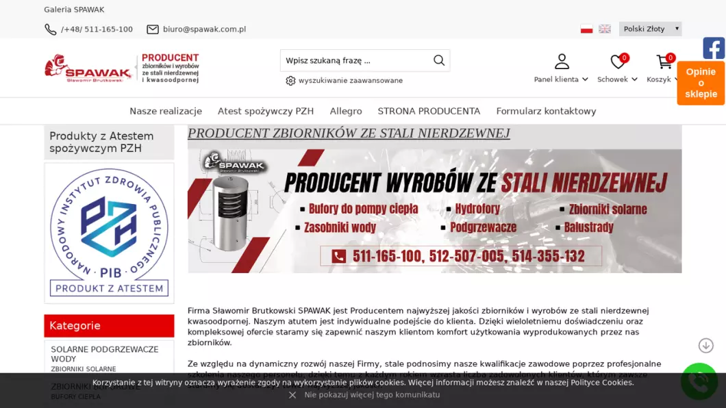 Zrzut ekranu strony Spawak - producent wyrobów ze stali nierdzewnej