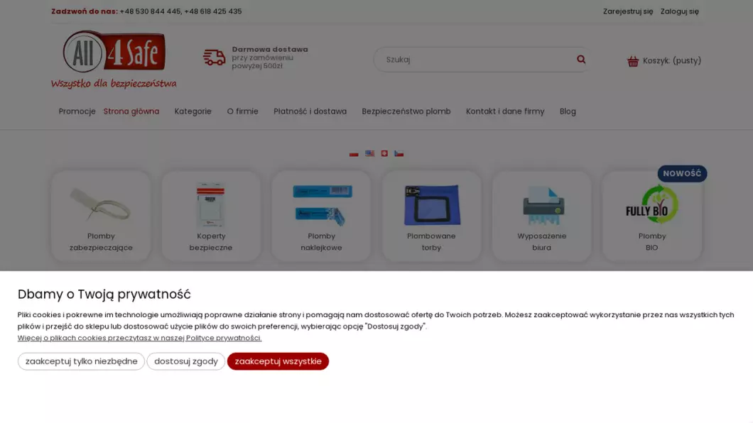 Zrzut ekranu strony Plomby i koperty zabezpieczające | Sklep internetowy All4Safe