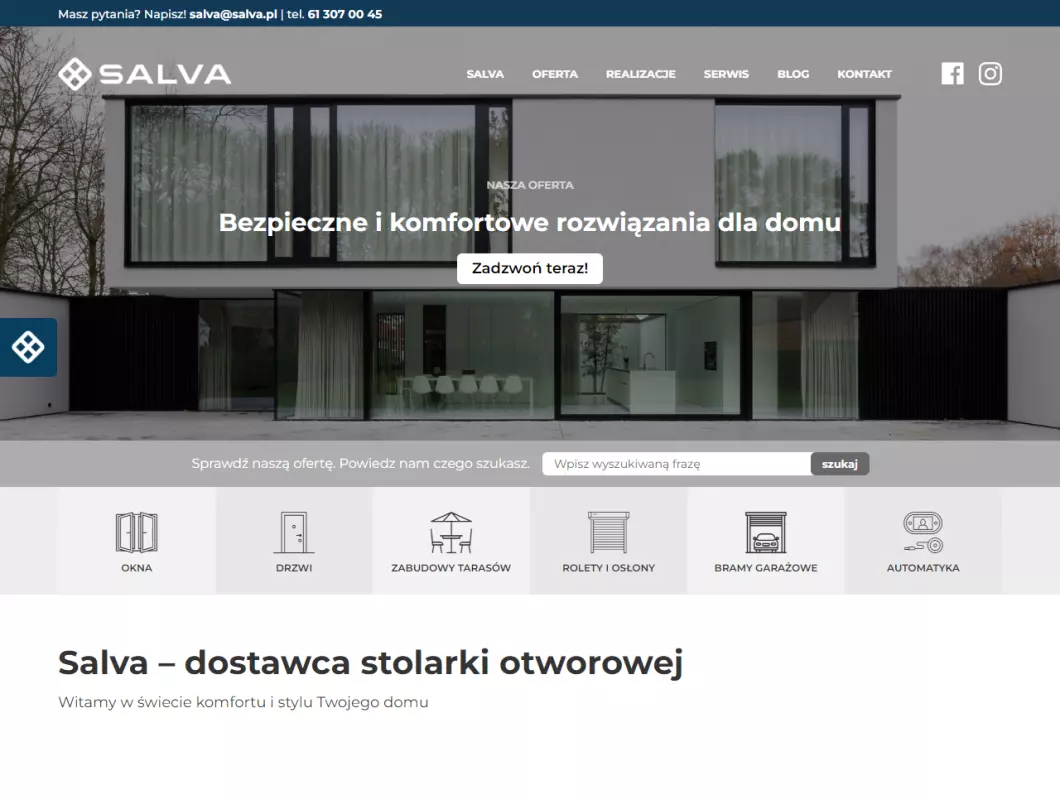 Zrzut ekranu strony Salva - dostawca stolarki otworowej
