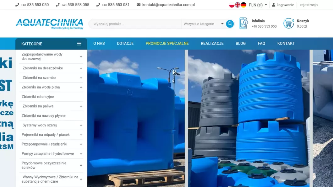 Zrzut ekranu strony Aquatechnika - zbiorniki na deszczówkę