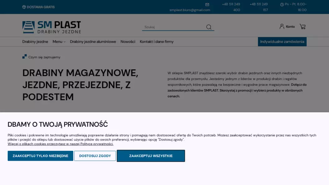 Zrzut ekranu strony Drabiny magazynowe, jezdne | Sklep internetowy Smplast