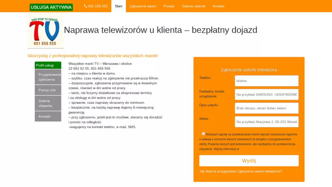 Zrzut ekranu strony NonStop TV Serwis - Naprawa telewizorów Warszawa