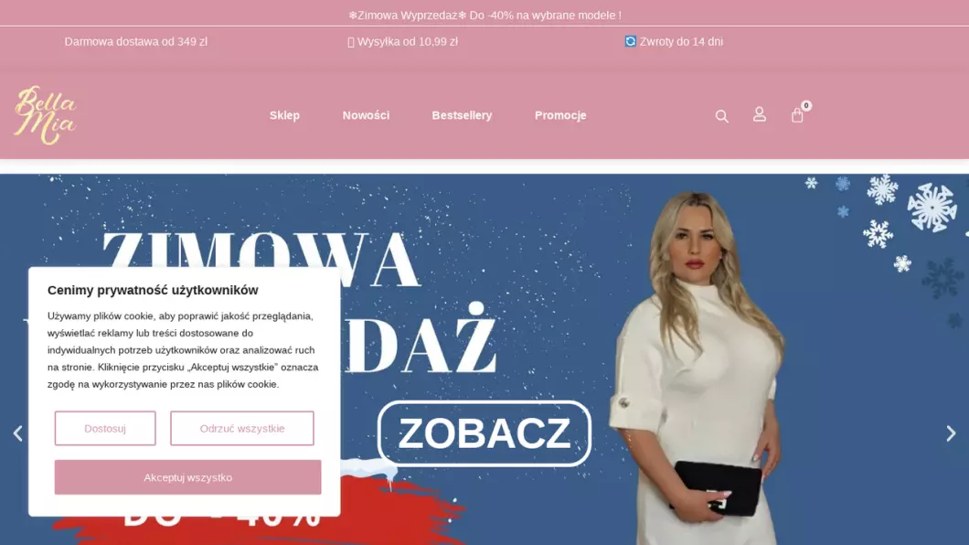 Zrzut ekranu strony Damska odzież, moda włoska | Bella Mia